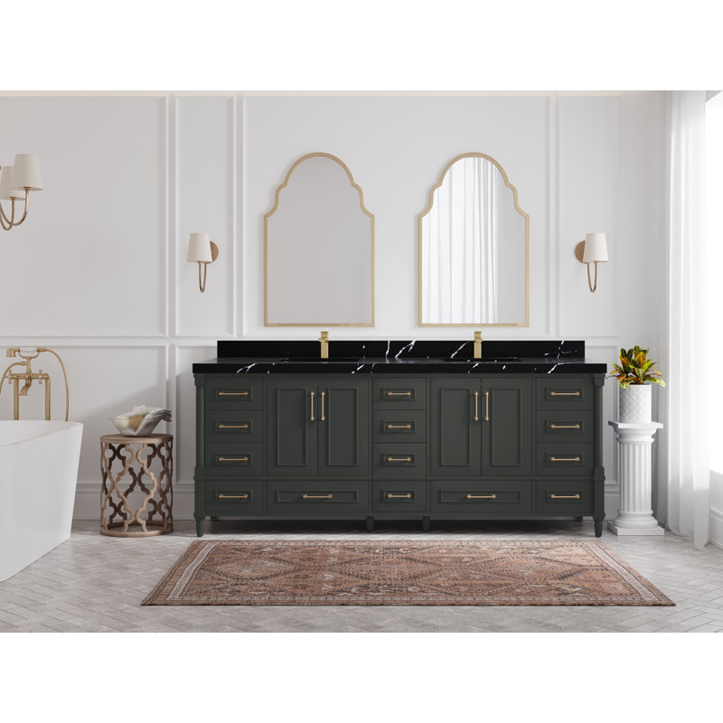 Aberdeen 84'' Double Bathroom Vanity with Top, Calacatta Black
