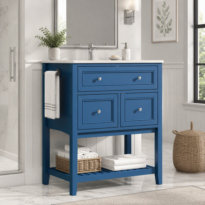 Meuble-lavabo de salle de bain de 30 pouces avec lavabo, armoire de rangement autoportante avec portes et tiroirs, Marine