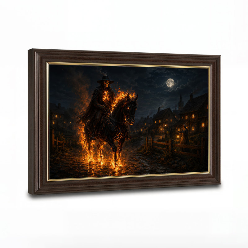 Cavalier squelette enflammé sur un cheval noir au clair de lune, toile murale d'Halloween, H 12 po x l 18 po