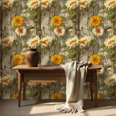 Papier auto-adhésif à peler et coller à motif de tournesol sans soudure à motif de tournesol en bois antique auto-adhésif et amovible 24 po x 118 po (60 x 300 cm)