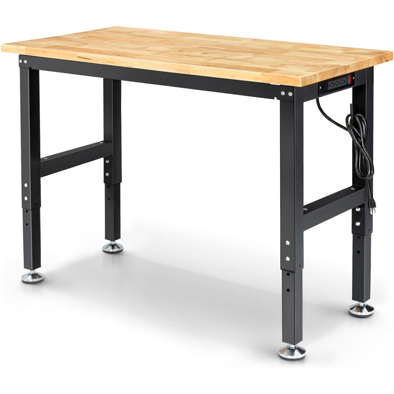 Farreli Solid Wood Top Height-Adjustable Workbench with Power Outlets, 39.40" H x 48" W x 20" D