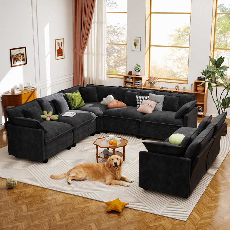 George 111.5" Modern 5 Seat Chenille L Shaped Modular Sectional Sofa, Black Chenille