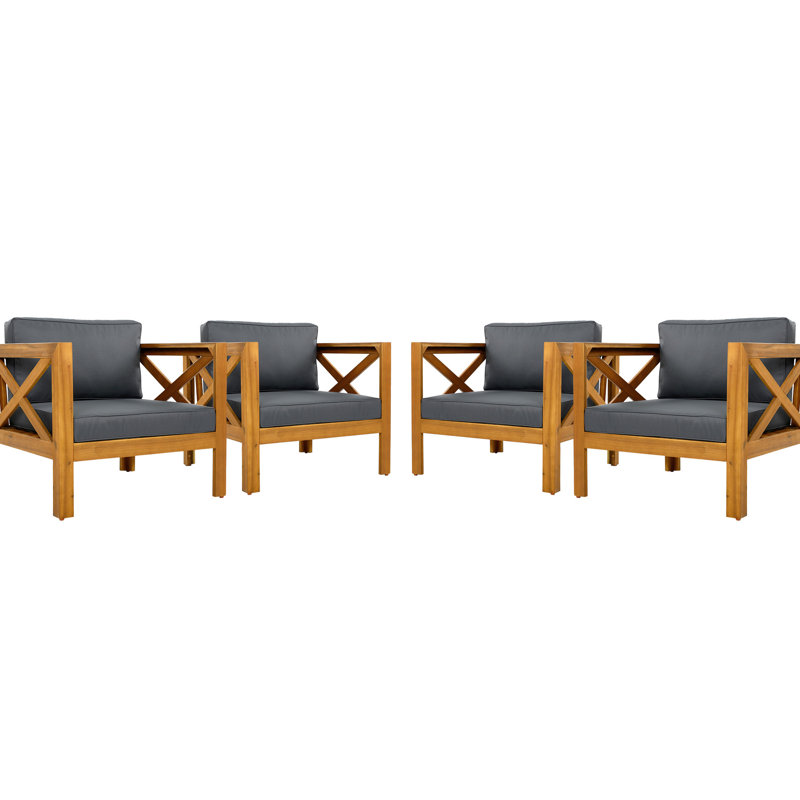 Club Armchair Made From Wood With Finish And Dark Grey Water - Cushions, Deck Patio Seating In Ergonomic , Comfortable For Outdoor Gardens