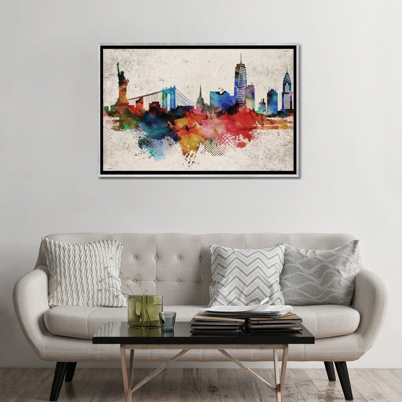 New York Abstract - impression d'art graphique, Aucun mat, H 32 po x l 48 po x 1,5 po, Toile avec cadre argenté