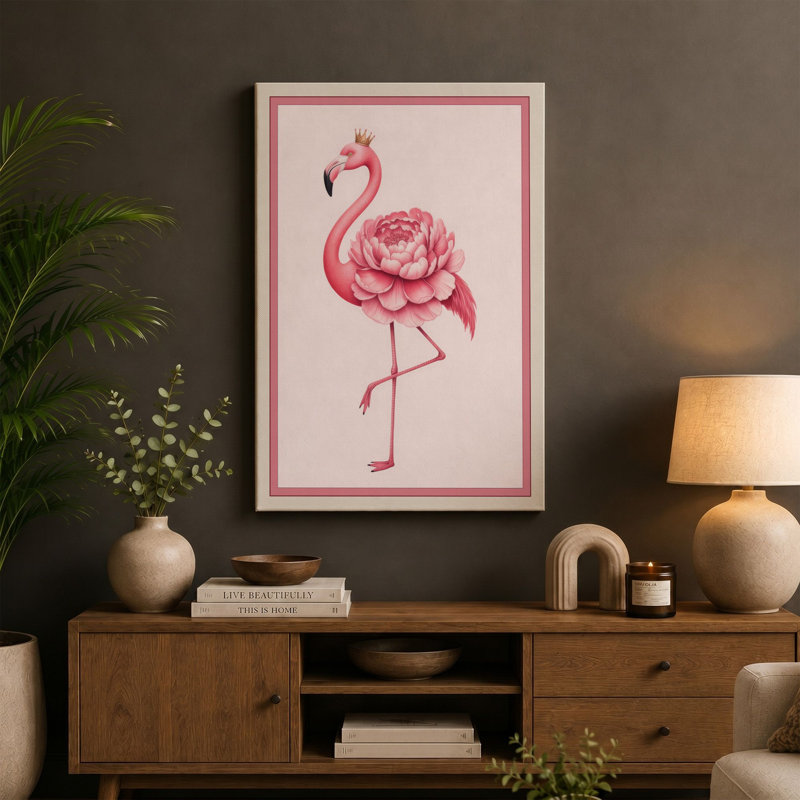 Flamingo in Bloom Botanical - Wrapped Canvas, 30x20 - 76.2 x 50.8 cm, Taupe Border