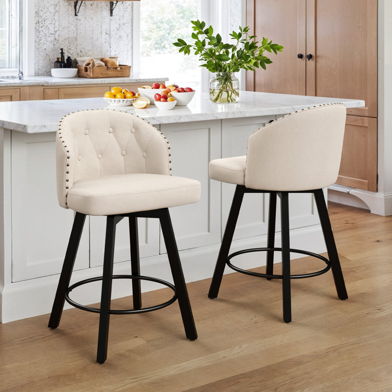 26" Swivel Upholstered Counter Stool With Backrest , Linen/Linen