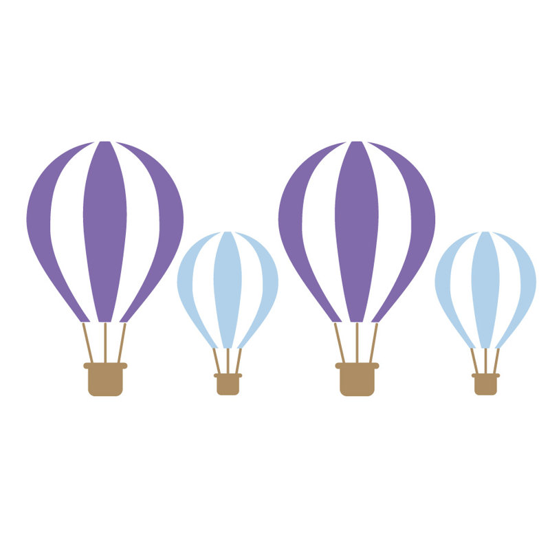 Décalcomanie murale ballons d’air chaud, H 23 po x l 47 po x P 0,01 po, Mauve / Bleu clair