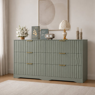 Commode en bois cannelé de 55 pouces à 6 tiroirs