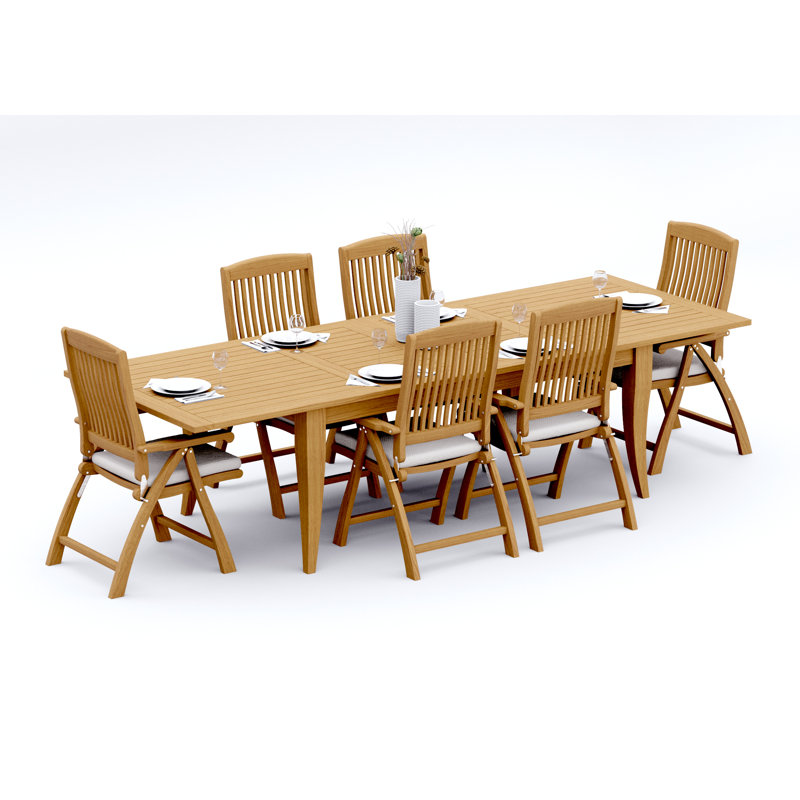 9 Pcs Grade-A Teak Wood Dining Set: 122" Atnas Double Extension Rectangle Table And 8 Marley Folding Reclining Arm Chairs #11MR2808
