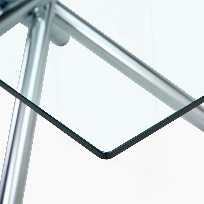 Grande table de salle à manger rectangulaire moderne en verre minimaliste avec plateau en verre trempé de 0,39 po et pieds en métal chromé argenté, pour la salle à manger, le salon, la salle de réunion et la salle de banquet