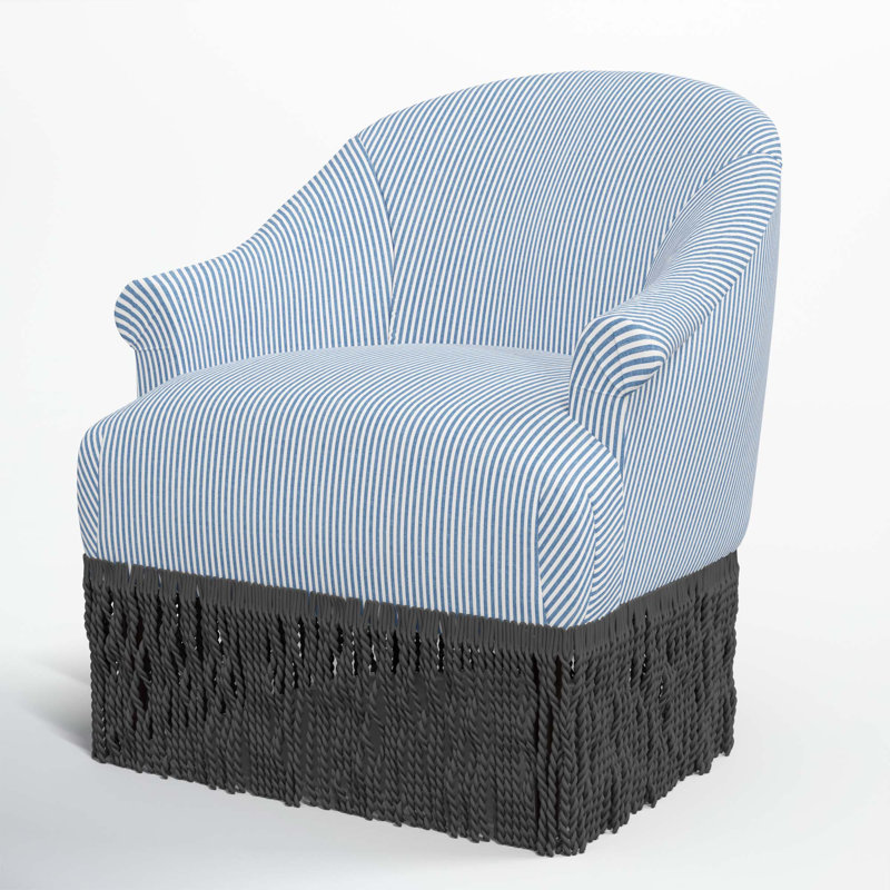 Callie Cotton Upholstered Barrel Chair with Recessed Rolled Arms and Solid Wood Legs, Black, Prep Stripe Blue