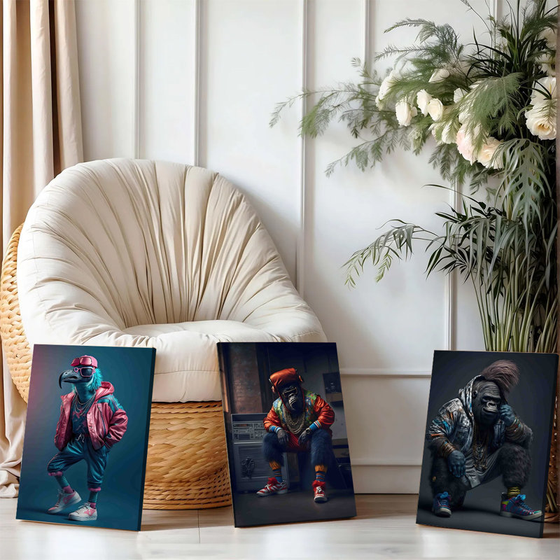 Ensemble de 3 affiches encadrées, style hip-hop, avec des motifs d'oiseaux et de gorilles sur toile. Design urbain et tendance pour un décor moderne dans votre salon, chambre ou bureau.