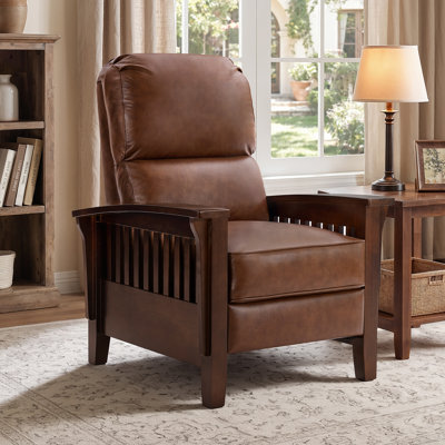 Mission Style Leather High Leg Recliner With Solid Wood Arms