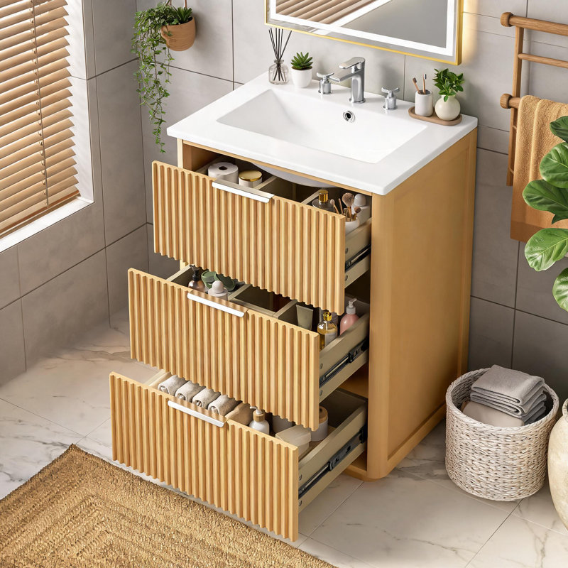 Meuble-lavabo de luxe moderne 24 po avec lavabo en céramique, meuble de salle de bain avec tablette ouverte et rangement fermé