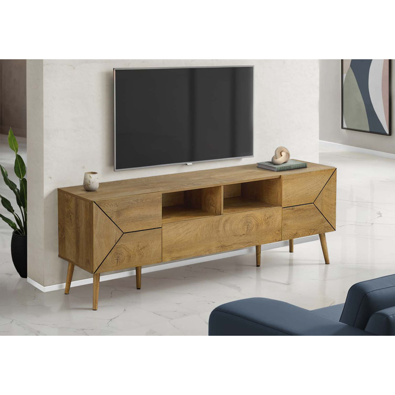 Meuble télé, console de 72 po, meuble multimédia, tiroir de rangement stratifié, Mid-Century, moderne, Noyer