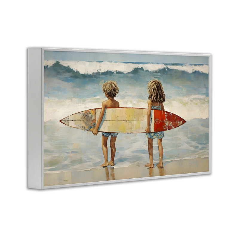 «Kids with Surf Waves», estampe numérique par Petal Prints Design, Estampe numérique encadrée blanc bord de mer