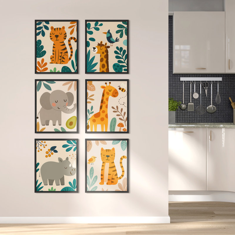 Safari Jungle Animal, ensemble de 6 reproductions d'art encadrées par des animaux, H 14 po x l 11 po, Naturel