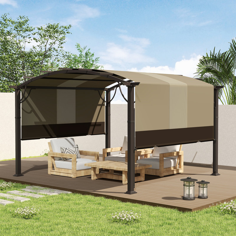 Pergola d'extérieur en aluminium 10 pi x 10 pi avec auvent légèrement arqué et abat-jour rétractable brun, Brun