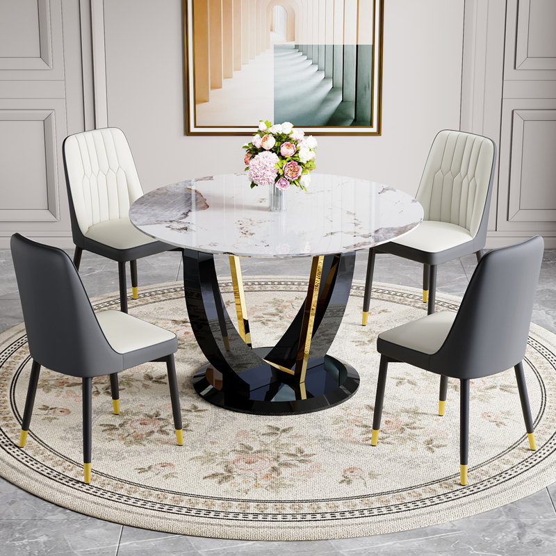 48" Modern Round Dining Table For 4-6 With Tempered Glass Tabletop, 5 Pieces: Table, 4 Chairs, Gray/White/Black