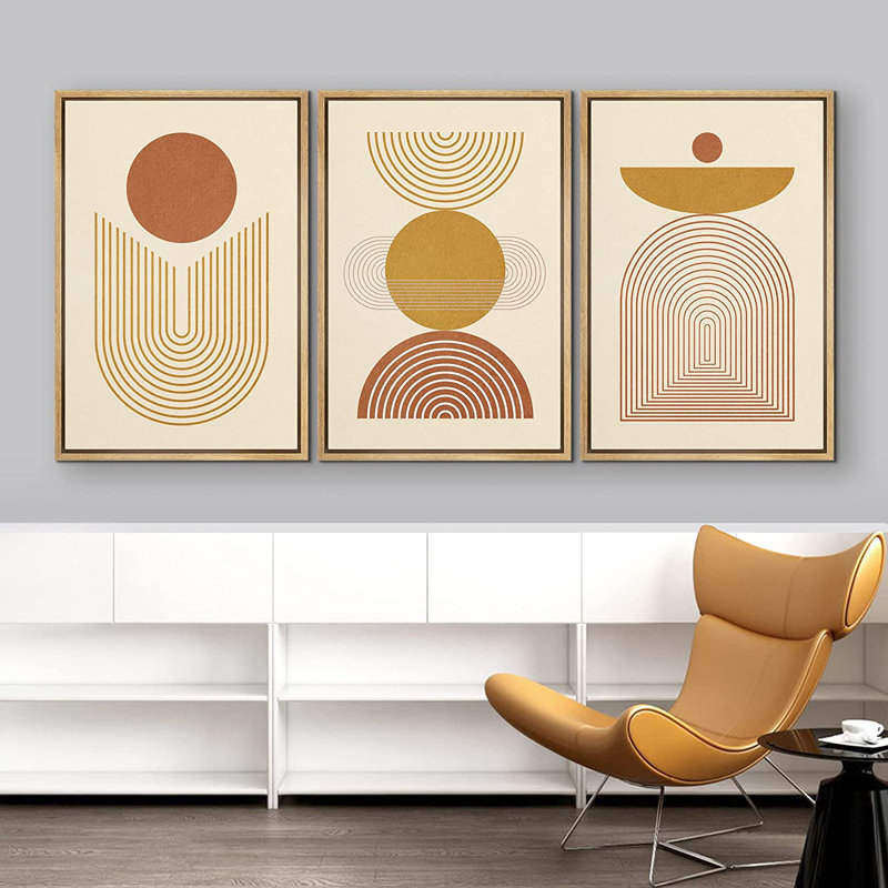 Mid Mid Century Modern Boho IDEA4WALL, reproduction d'art sur toile encadrée, vagues géométriques, formes abstraites, illustrations, minimalisme, style bohémien décoratif pour le salon, la chambre à coucher, le bureau - 24 po x 36 po x 3 po