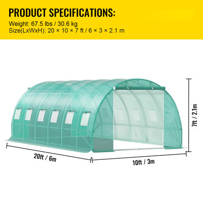 Serre tunnel de plain-pied, 3 x 2 x 2 m, serre portative pour plantes avec arceaux en acier galvanisé, 1 poutre supérieure, porte zippée et 6 fenêtres enroulables, poteaux diagonaux, verte
