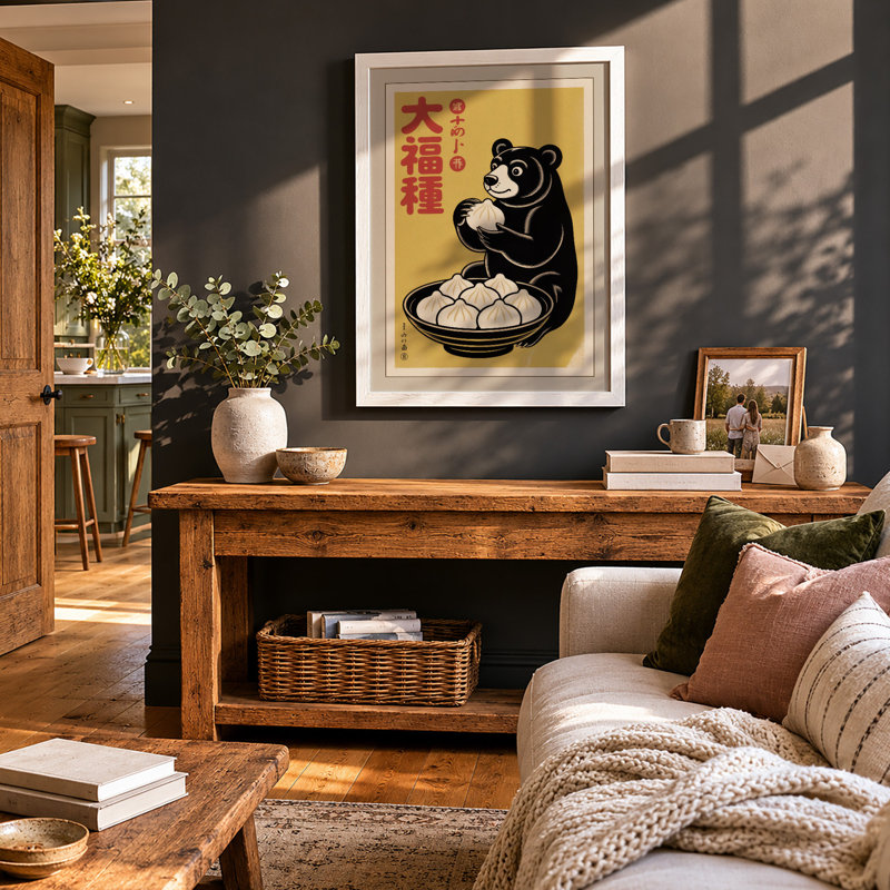 Bear with Dumplings Japandi - Framed Print, A4 - 29.7 x 21.0 cm, White