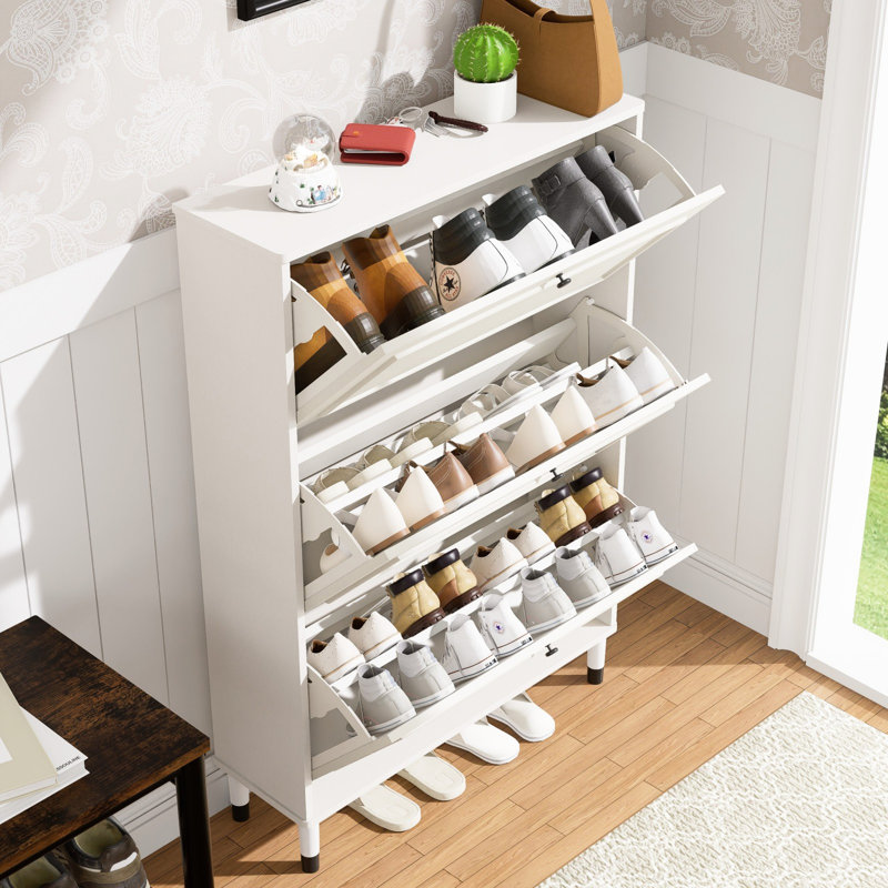Range-chaussures pour hall d'entrée avec 3 tiroirs rabattables, armoire mince autoportante, finition blanche élégante, fonctionnalité à l'épreuve, système Smart Divide, espace de rangement vertical, protection des pointes, cadre renforcé,