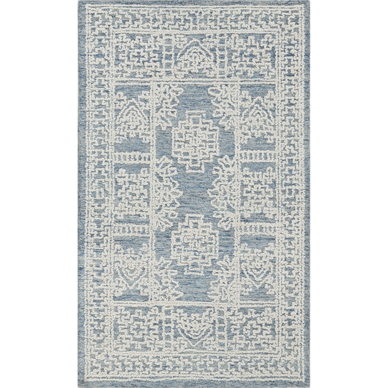 Hardanger Oriental Hand Tufted Wool Area Rug in Denim/White, Rectangle 3' x 5'