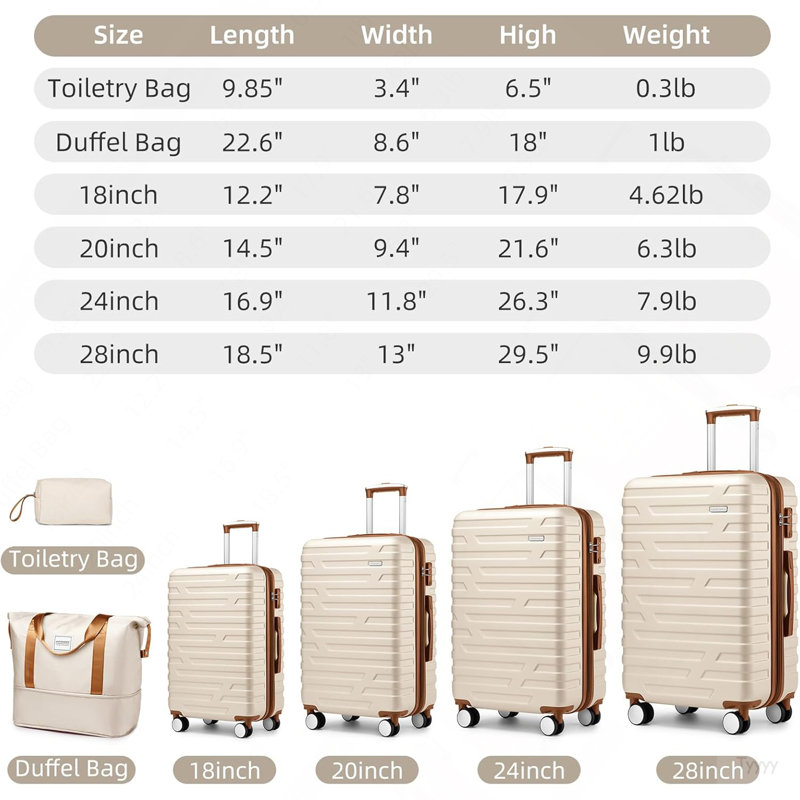 Ensemble de 6 valises avec sacs de voyage, valises rigides extensibles avec roulettes, verrou TSA, crème