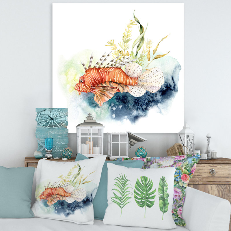 " Lionfish And Kelp With Coral Reef And Laminaria " Painting Print, 16" H x 16" W x 1" D
