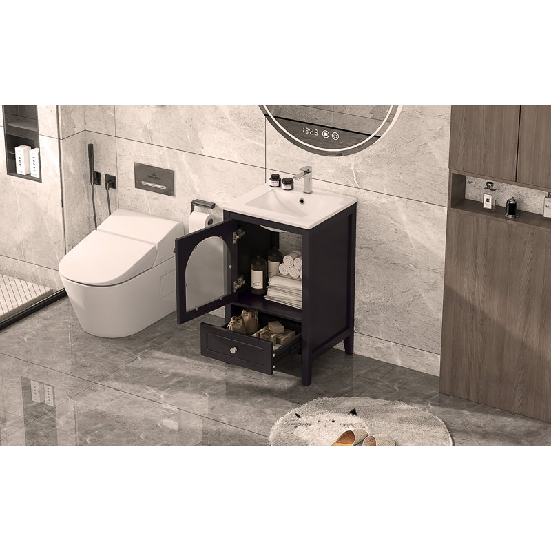 Meuble-lavabo de 20 po avec lavabo en céramique, porte et tiroir en verre à fermeture douce, design moderne, Noir