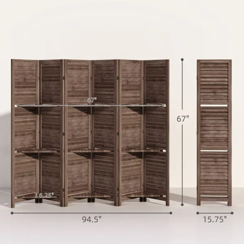 Paravent 6 panneaux en bois 6 panneaux avec 3 tablettes et rangement pliant pour la chambre à coucher, noyer