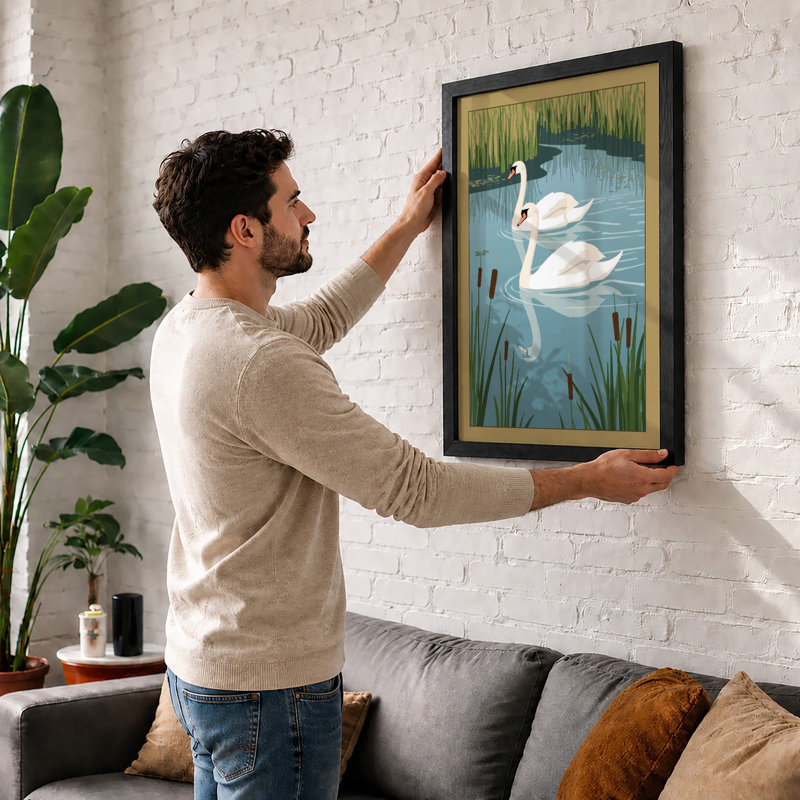 Swans Among Reeds Coastal - Framed Print, A4 - 29.7 x 21.0 cm, White