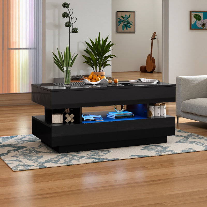 Lift Top Coffee Table With Storage And LED Lights, Black