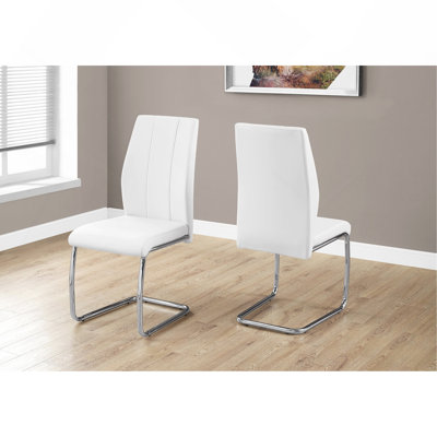 Chaise de salle à manger, ensemble de 2, latérales, rembourrées, hauteur de 39 po, cuir d'aspect blanc, métal chromé, contemporain, moderne, cuisine, salle à manger
