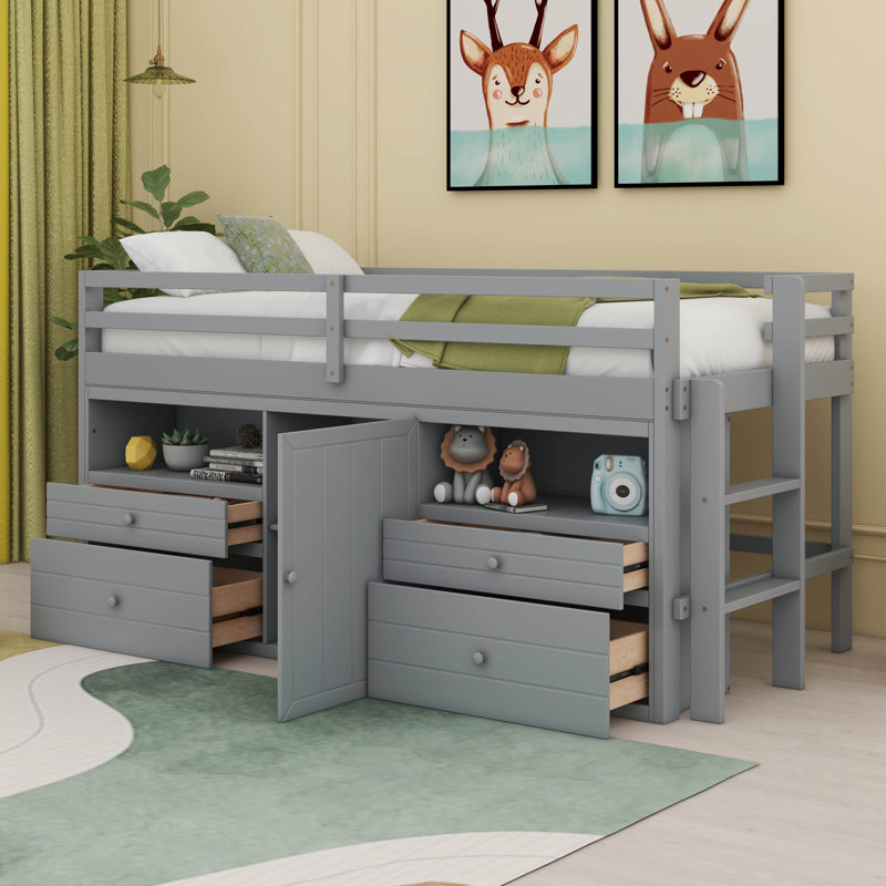 Lit mezzanine simple Leda avec 4 tiroirs, sous l'armoire et les tablettes, gris