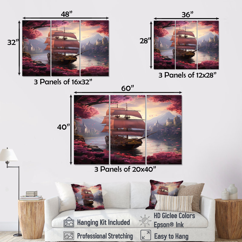 Voilier arrivant dans un port rose en fleur - ensemble d'art mural bateau, Toile tendue, H 32 po x l 48 po x P 1 po