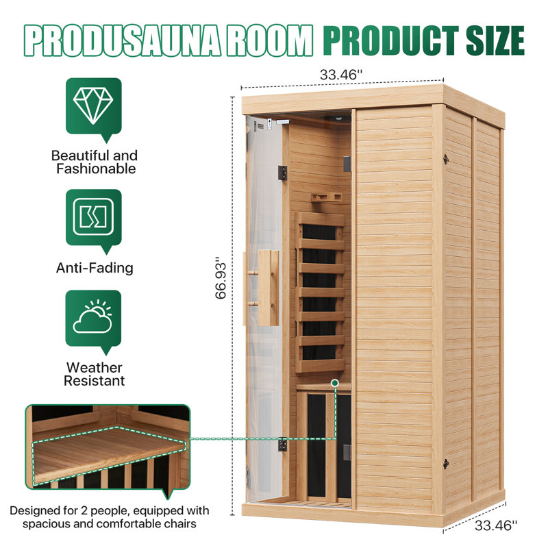 Sauna à infrarouges lointains pour 2 personnes en bois de pruche du Canada avec haut-parleurs Bluetooth et éclairage de chromothérapie pour 2 personnes