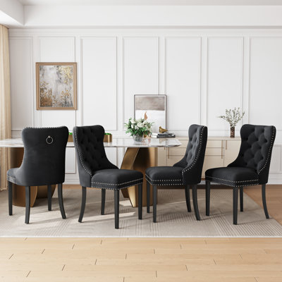 High-End Tufted Dining Chair Set, Velvet Upholstery With Nailhead Trim And Back Pull Ring, Solid Wood Legs