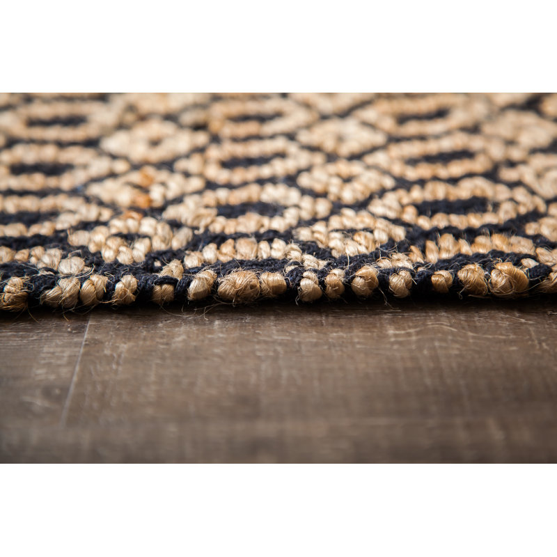 Handwoven Black and Tan Geometric Jute Cotton Rug, 4' x 6'