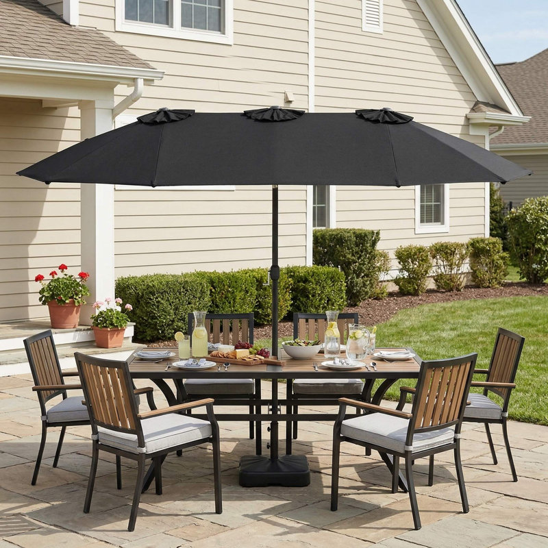 Parasol de patio simple à double face résistant aux intempéries de 15 pieds avec manivelle et base pour une utilisation dans la cour arrière au bord de la piscine