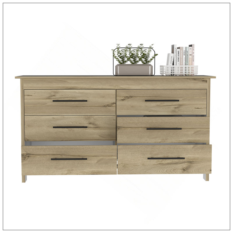 Commode double 6 tiroirs, quatre pieds, plateau supérieur - chêne clair / blanc