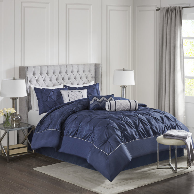 Ensemble d'édredon touffeté 7 pièces Laurel, Édredon pour très grand lit + 1 jupe de lit + 2 , Bleu