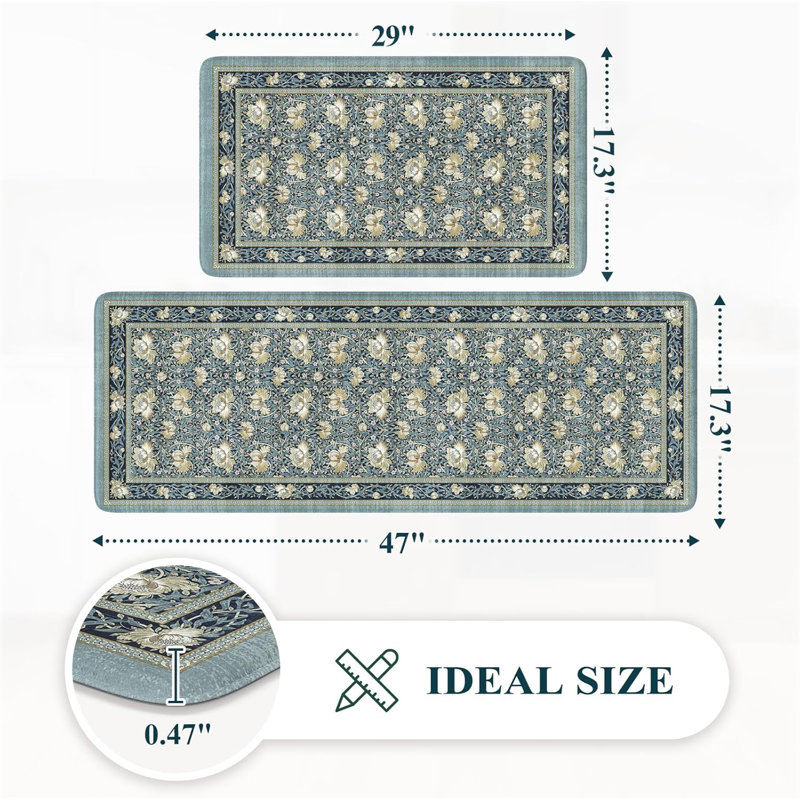 Sets of 2 Comfort Boho Vintage Floral Sink Rug, Blue, 119cm L x 44cm W