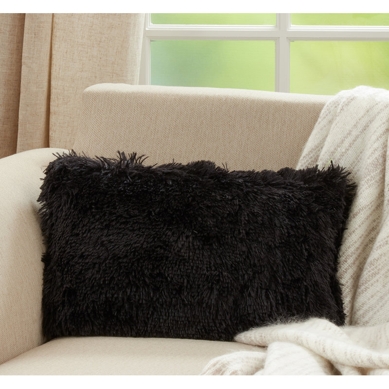 Classic Black Faux Fur Oblong Throw Pillow with Down Filling