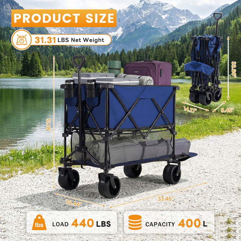 Chariot utilitaire extra long, chariot pliable avec roues tout-terrain et freins pour le camping, la plage et les sports de plein air