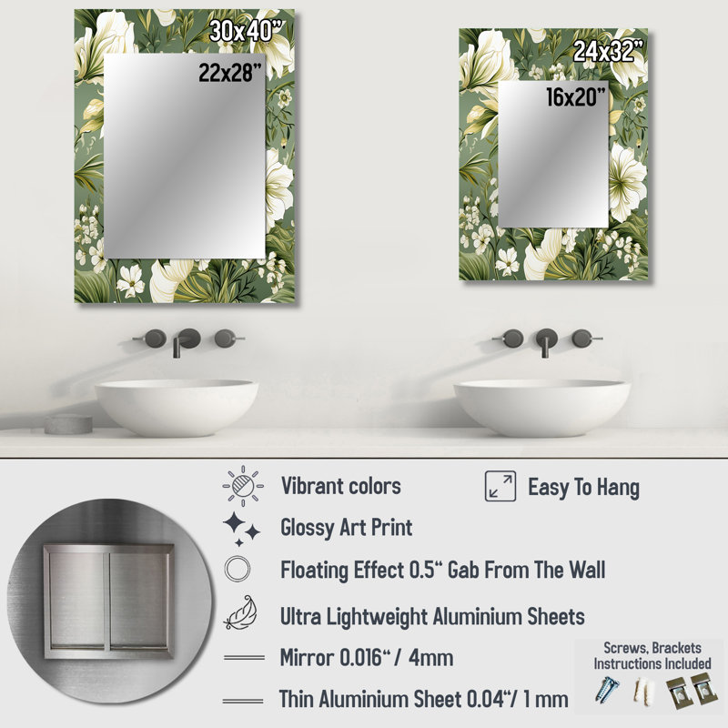 Adamariz vert floral s'épanouit élégance - grand miroir floral, miroir mural décoratif de campagne, art en métal imprimé
