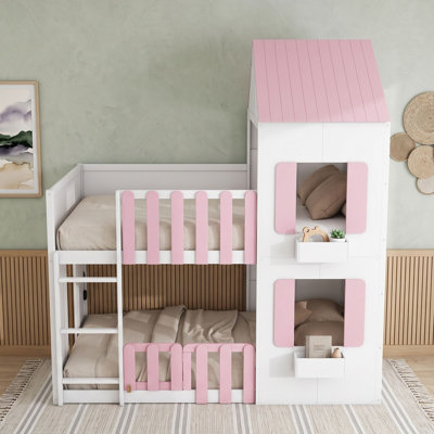 Lit superposé en bois avec tablette de rangement et barrières de sécurité