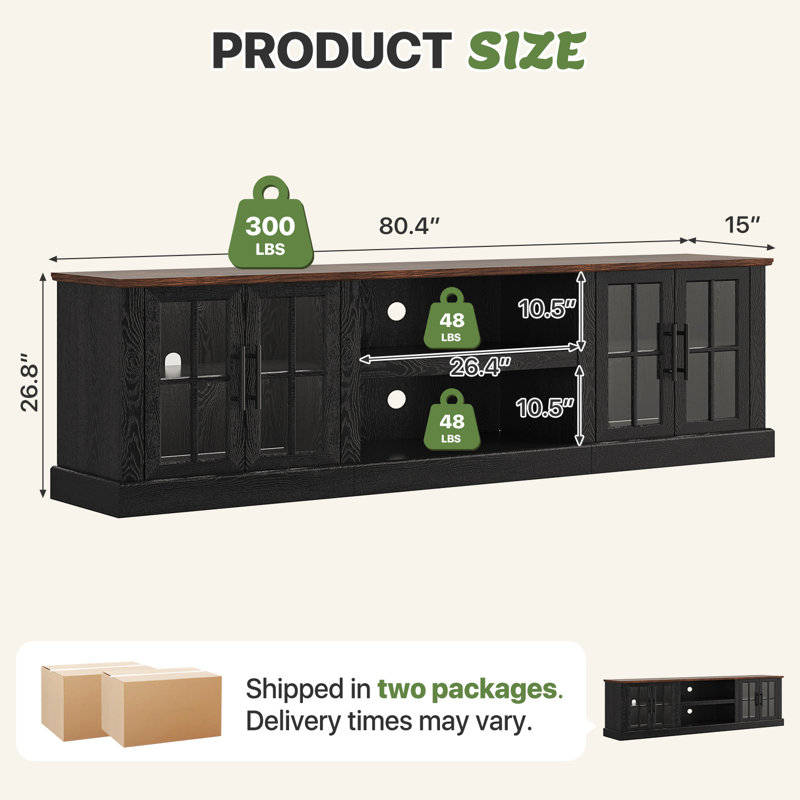 80" Farmhouse TV Stand With LED Light, Glass Cabinet & Open Shelves, Fits Tvs Up To 90", 26.8"H x 80.4"L x 15"W, Black