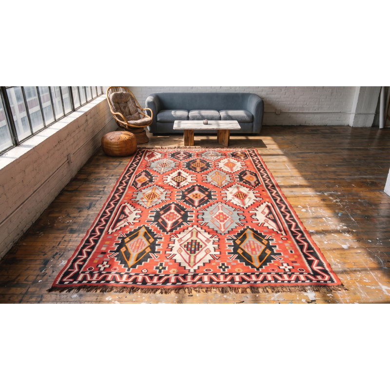 Flatweave Wool Geometric Area Rug in Pink